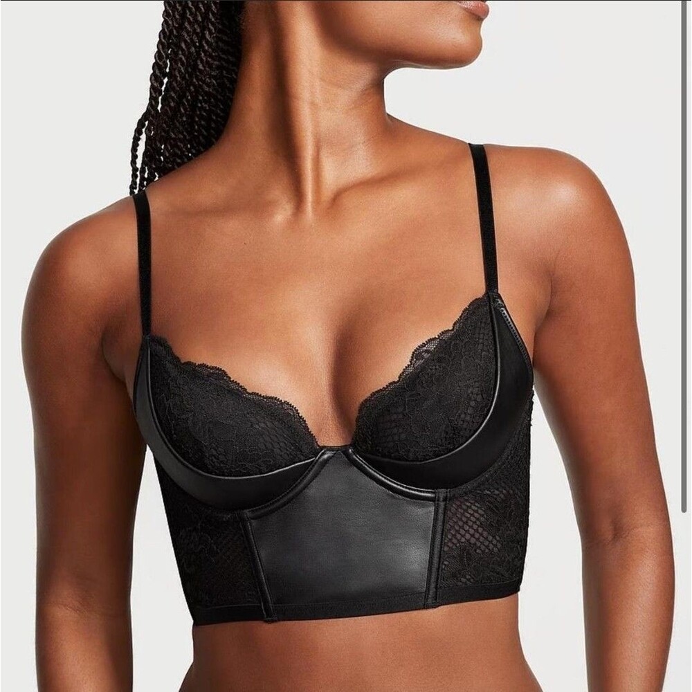 Victorias Secret Black Corset Top 32C Boning Vampy Witchy Goth Leather Lace Dark